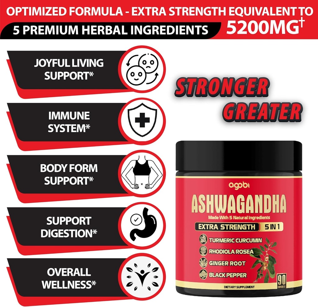 Ashwagandha Capsule 5in1-90 Vegan Capsules Blended with Ginger, Turmeric, Rhodiola Rosea & Black Pepper 4