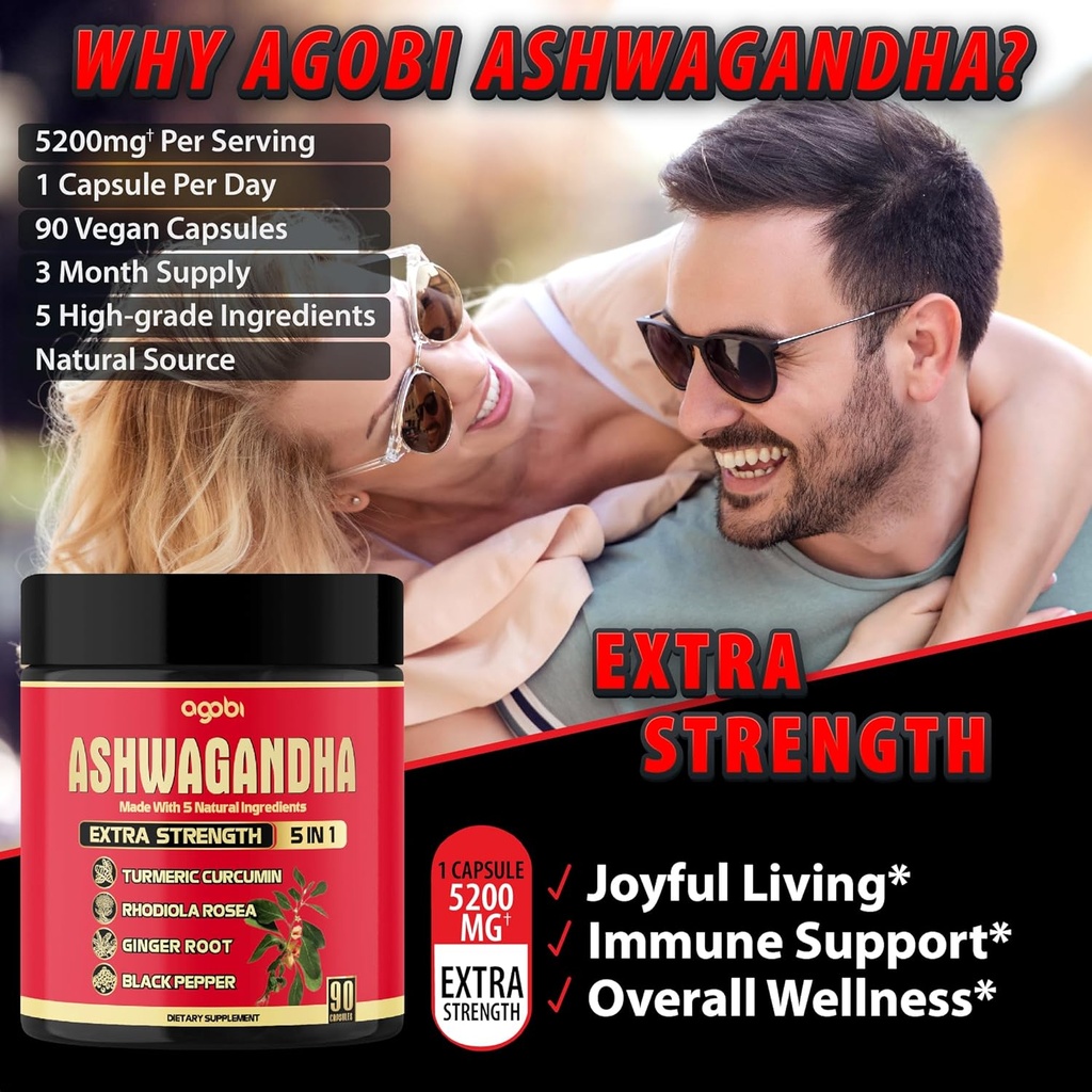 Ashwagandha Capsule 5in1-90 Vegan Capsules Blended with Ginger, Turmeric, Rhodiola Rosea & Black Pepper 6
