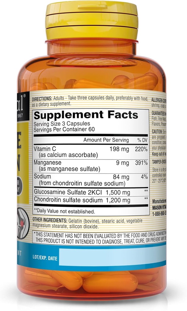 Mason Natural Glucosamine Chondroitin 1500/1200 3 Per Day with Vitamin C, Supports Joint Health, Improved Flexibility and Mobility, 180 Capsules 3