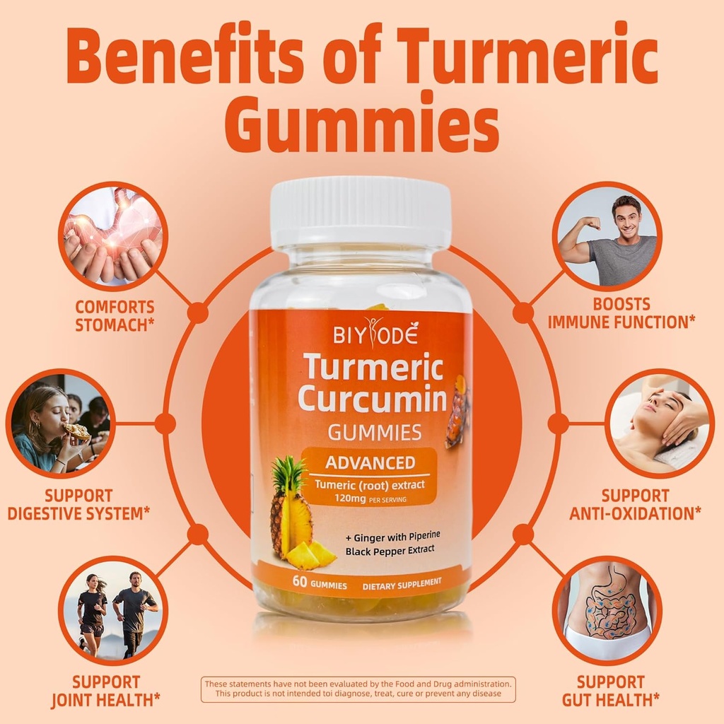 Curcumin Gummies Turmeric Supplement for Joint Support Natural Pineapple Flavor Sugar Free Digestion Cognitive Function and Immune Health for Enhanced Athletic Performance, 60 Count Gummies 3