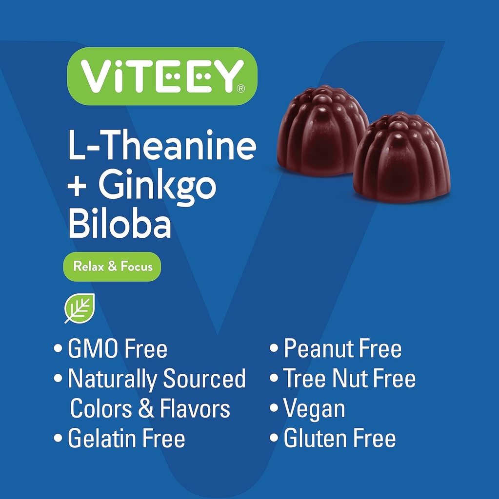 Viteey L-Theanine Gummies with Ginkgo Biloba for Adults - aids in Focus & Relax, Improve Mood - Non GMO, Gelatin Free, Vegan, Gluten Free, Naturally Sourced Chewable Tasty Raspberry Flavored Gummy 6