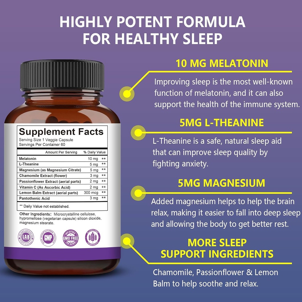 Melatonin 10 mg + L Theanine 5 mg & Magnesium 5 mg, Restful Sleep Support for Adults, Non-Habit Forming Sleep Aid Supplement for Calm and Relaxation, Vegan, Non-GMO, 60 Capsules 5