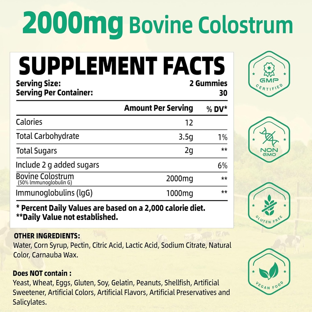 Colostrum Gummies 2000mg, Organic Bovine Colostrum Supplement for Muscle Growth, Energy Boost, Gut Health, Hair, Gluten Free, Calostro Bovino para Adultos Organico, 60 Count 3