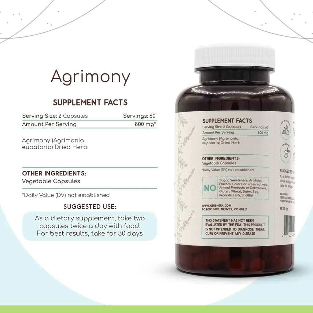 HerbEra Agrimony 120 Capsules, 400 mg, Agrimony (Agrimonia Eupatoria) Dried Herb (120 Capsules) 3