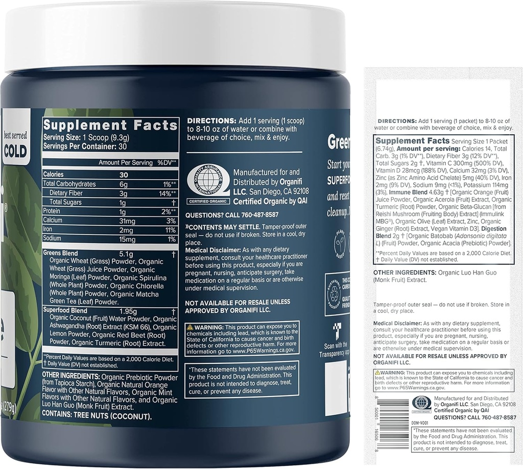 Organifi Green Juice Superfood Powder (30 Servings) and Immunity Drink Mix (14 Packets) Vitamin C, Vitamin D, Zinc, Detox Cleanse, Stress Relief and Immunity Support - Gluten Free, Vegan, Whole Food 3