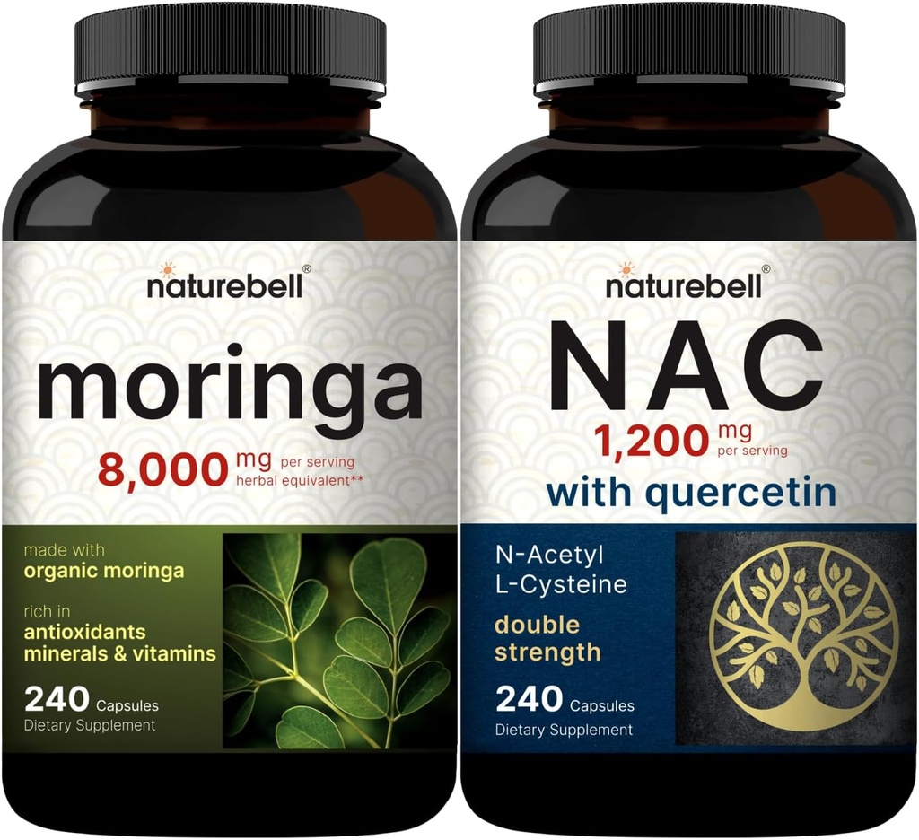 NatureBell Moringa Oleifera 8000mg Per Serving & NAC Supplement (N-Acetyl Cysteine) with Quercetin, 1,200mg Per Serving Bundle 2 Pack | Made with Organic Moringa Leaf Powder | Double Strength A 2