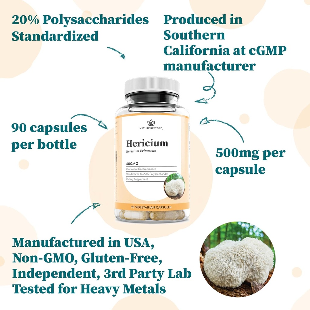 Nature Restore Hericium Erinaceus Extract Mushroom Supplement, 90 Capsules, 20% polysaccharides, Lion's Mane 5