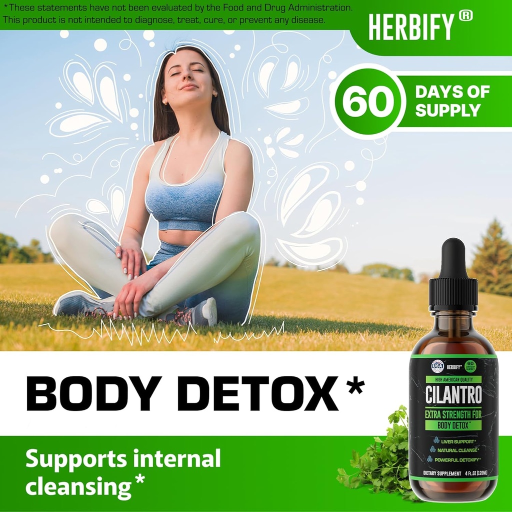 HERBIFY Cilantro Tincture - Herbal Cilantro Supplement for Detox - Rich Source of Antioxidants - Supports Heart and Body Cleanse - Made in USA - Cilantro Extract 4 Fl Oz 3