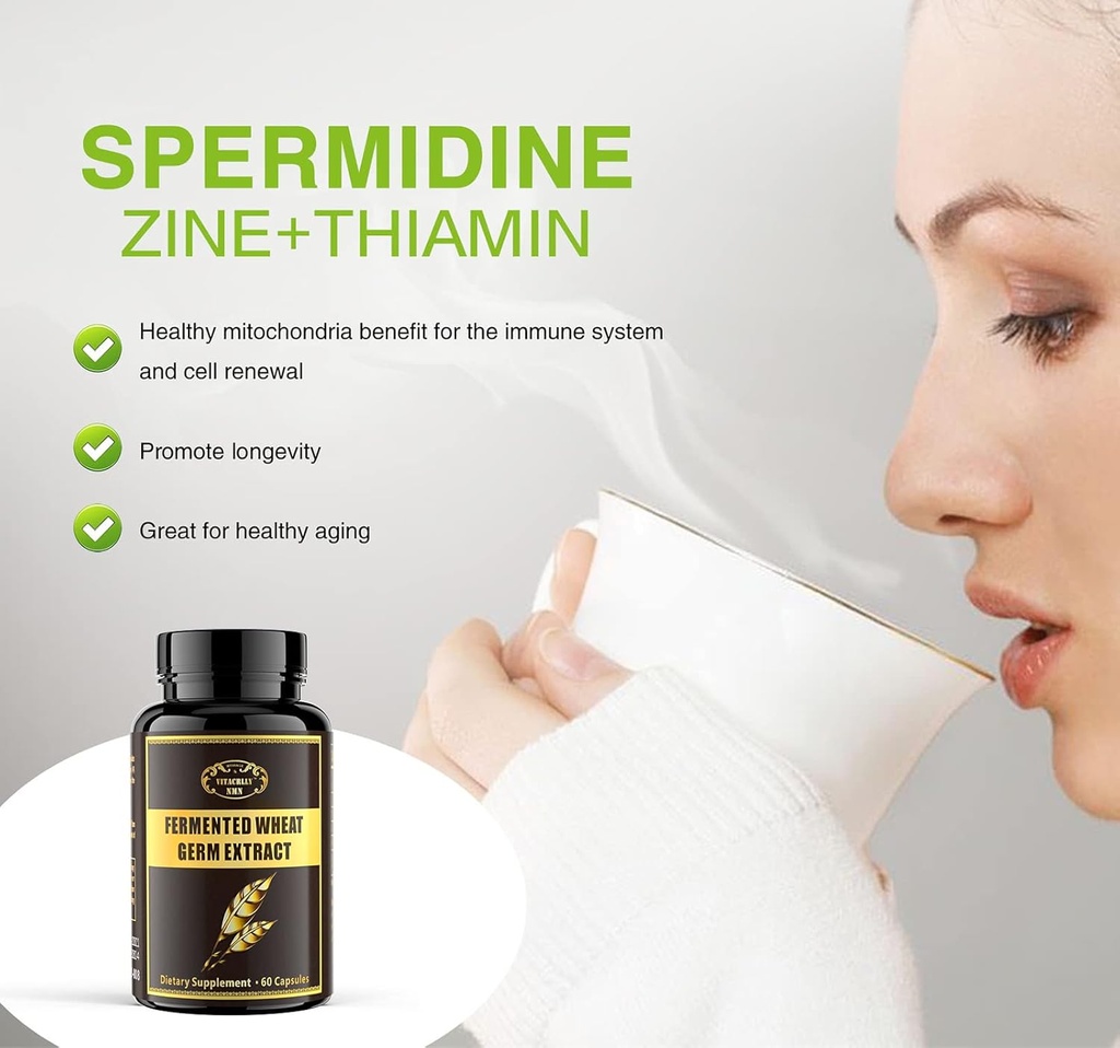 1000MG Spermidine Supplements Fermented Wheat Germ Extract Capsule with 10MG Higher Spermidine & Zinc for Antioxidant, Cell Renewal, Immune System and Increases Energy 60 Capsules (1 Bottle) 5