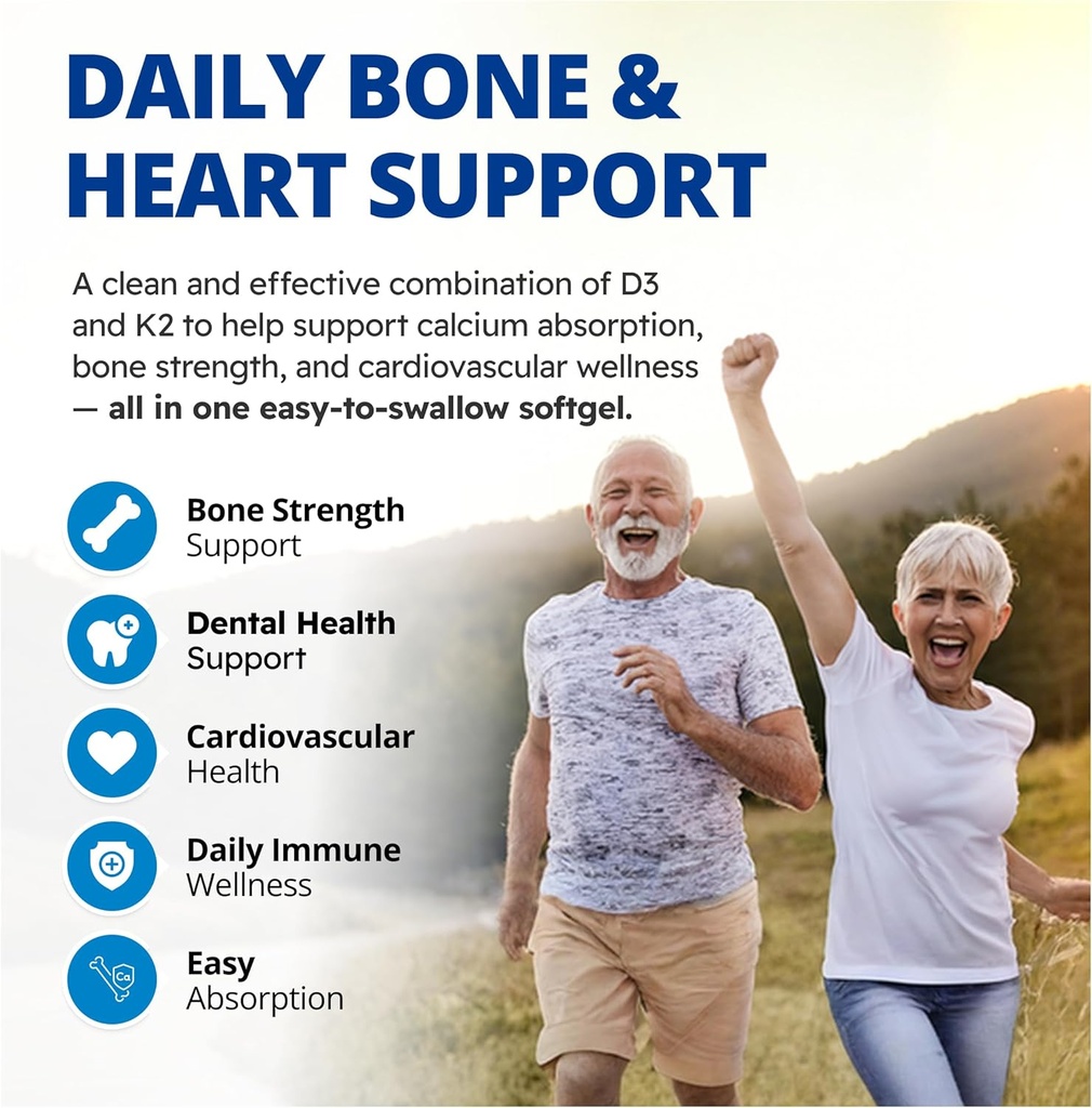 CanPrev D3 & K2 Vitamins 240 Softgels, 240-Day Supply, 1000IU Vitamin D3 & 120mcg K2, Supports Strong Bones, Teeth & Heart Wellness, Easy-to-Absorb with Organic Coconut Oil, No GMO, Gluten, Soy, Dairy 3