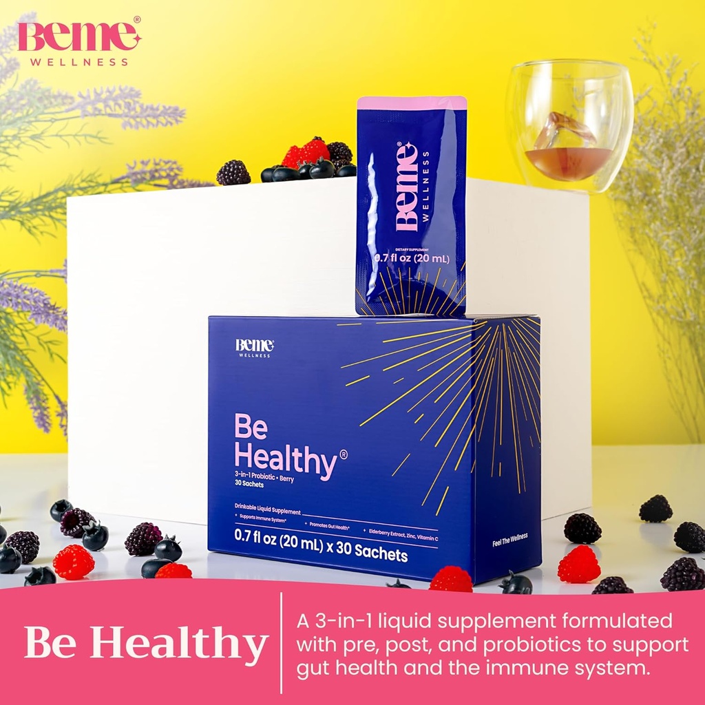 BeMe Liquid Probiotics for Digestive Health, 3-in-1 Post, Pre and Probiotics Supplement for Gut Health - 2X Faster Absorption with Inulin, B. lactis, Totipro to Provide Bloating Relief for Women 3