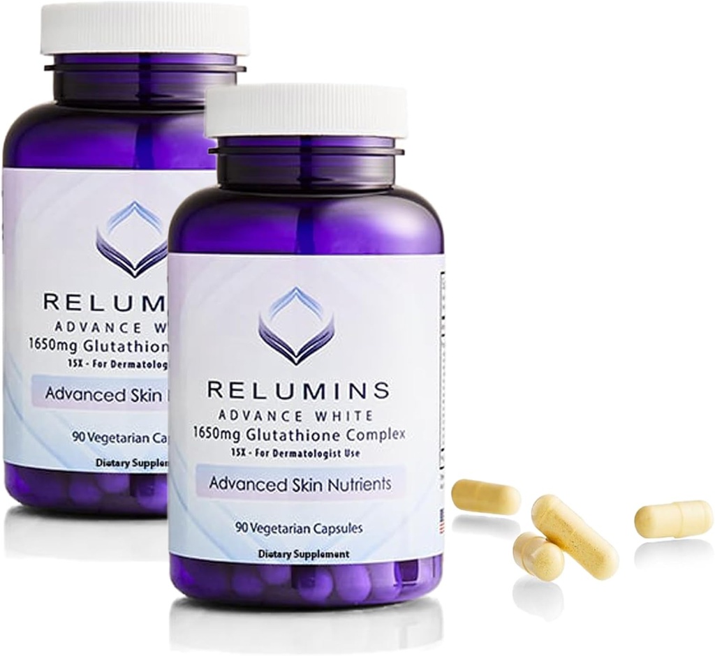 Pack of 2 Relumins Advance White 1650mg Glutathione Complex - 15x Dermatologic Formula with Advanced Skin Nutrients- 2 Bottles, 90 Capsules Each, 180 Total Capsules 2