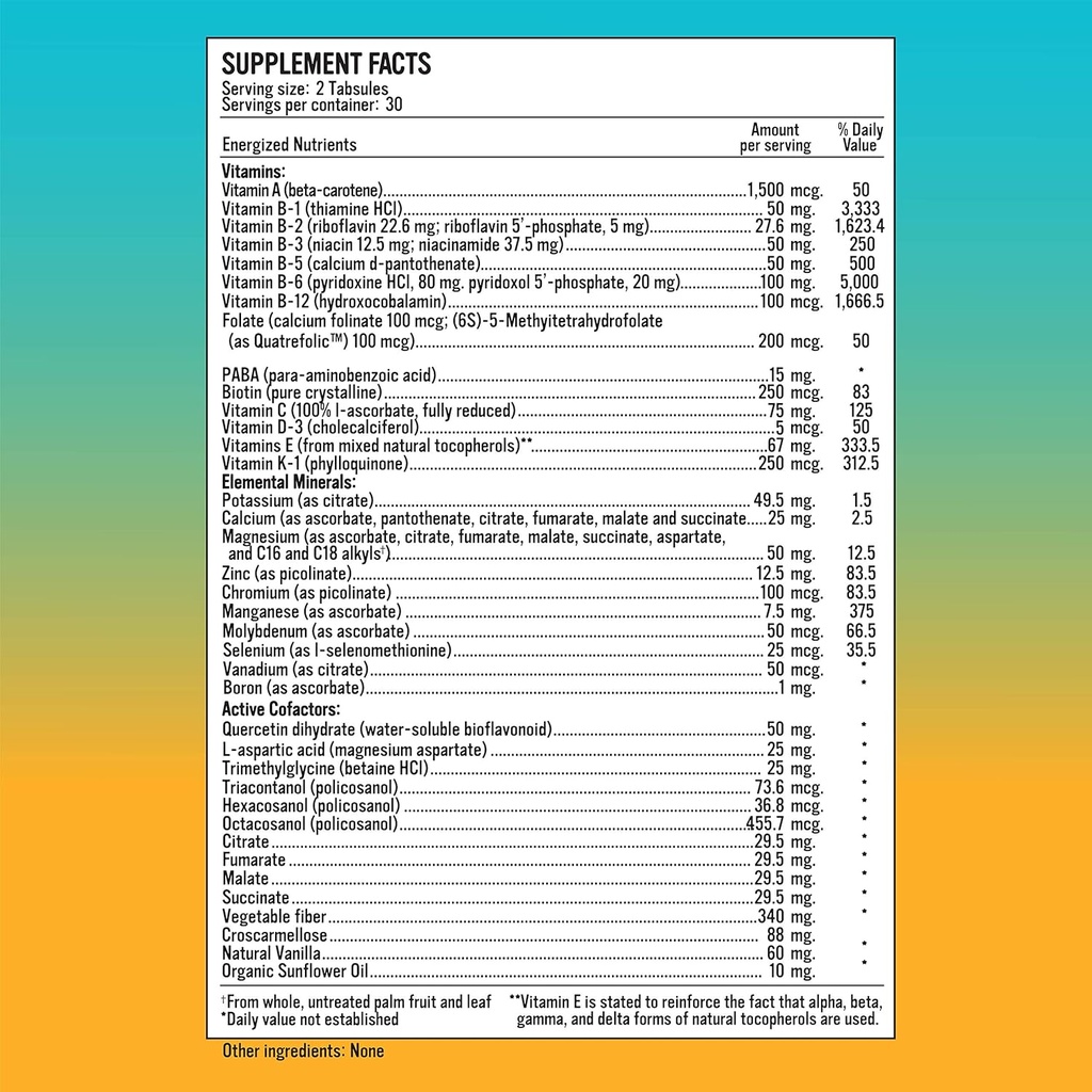 Energized Multi - Potent Multivitamin with 40 Fully Bioavailable Nutrients B Complex Vitamins, Vitamin D, Vitamin C, Vitamin K, Zinc, Quercetin, Calcium, Magnesium in Alkalizing Forms - 60 tabs 3