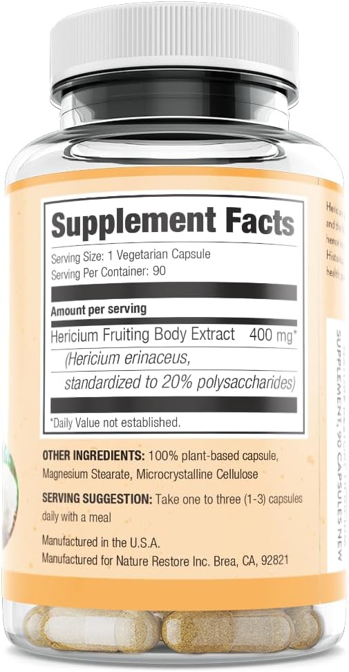 Nature Restore Hericium Erinaceus Extract Mushroom Supplement, 90 Capsules, 20% polysaccharides, Lion's Mane 3