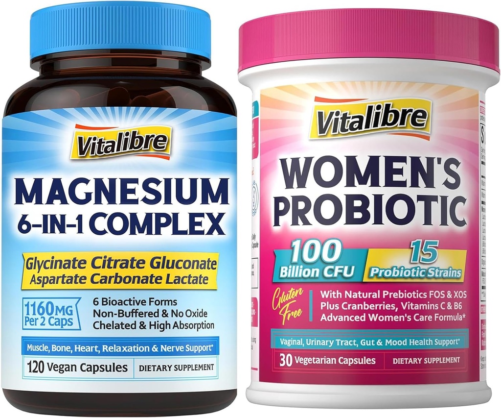 Magnesium Complex Supplement 6 in 1+ Women's Probiotics 100 Billion CFU + Iron Supplement, 65mg Carbonyl Iron with 250mg Vitamin C 3