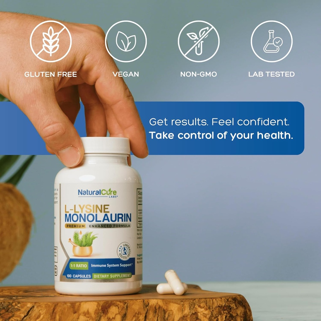 Natural Cure Labs L-Lysine + Monolaurin 600mg 1:1 Ratio, 2 Pack, 200 Capsules 4