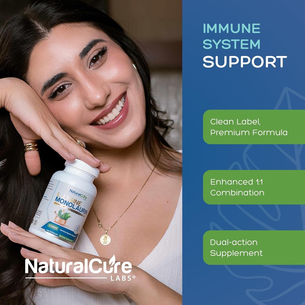 Natural Cure Labs L-Lysine + Monolaurin 600mg 1:1 Ratio, 2 Pack, 200 Capsules 5