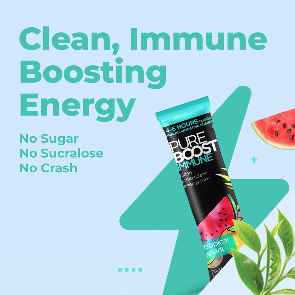 Pureboost Immune Clean Energy Booster, Refreshing Energy Drink Mix and Immunity Supplement with Elderberry, 1,200 mg Vitamin C, Vitamins A + D, and Zinc. (Tropical Spark, 30 Count) 4