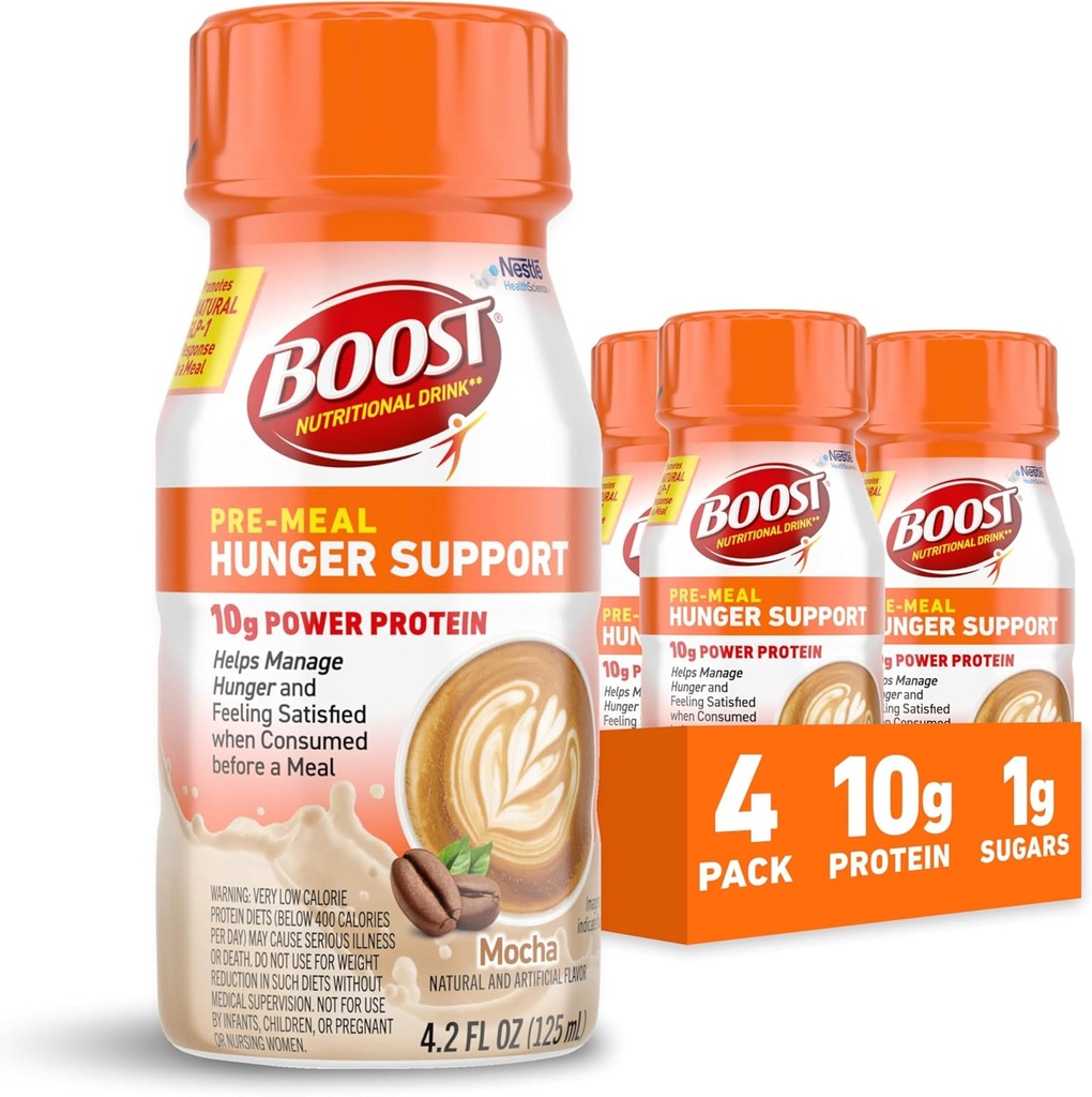 BOOST Pre-Meal Hunger Support Nutritional Drink, Promotes Natural GLP-1 Response to a Meal, 10g Whey Protein, 45 Calorie, Ready-to-Drink & Fat-Free, Mocha Flavor, 4.2 FL OZ (125mL) Bottle (4 Pack) 2
