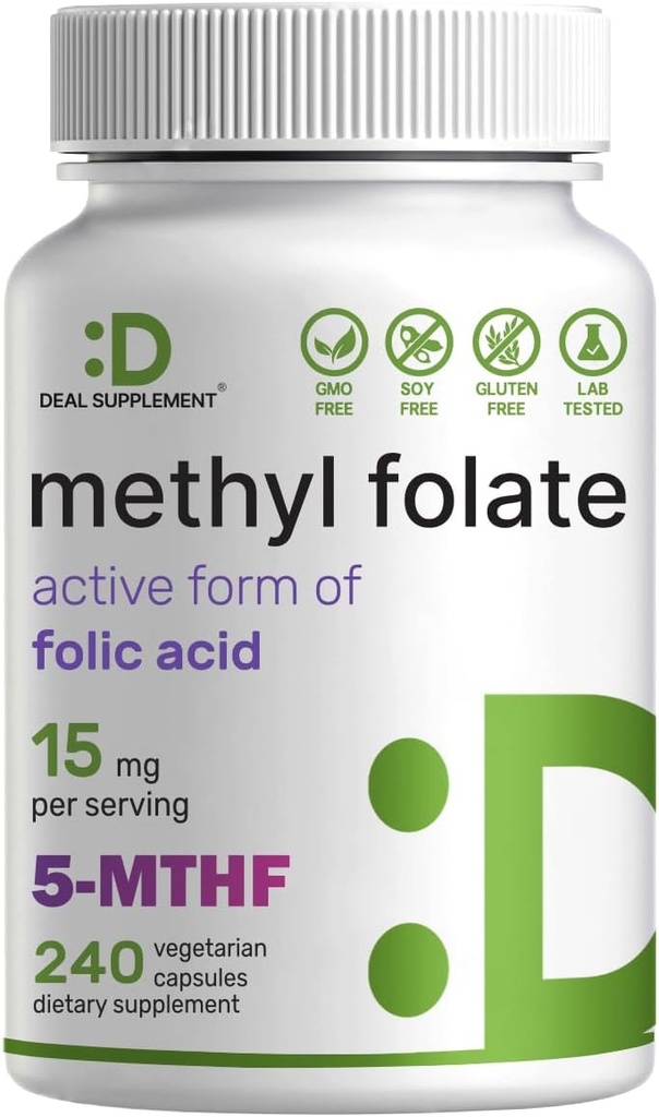 DEAL SUPPLEMENT L Methylfolate 15mg Per Serving, 240 Veggie Capsules – Active Folic Acid Form (5-MTHF), Bioavailable Methylated Folate – Prenatal, Energy, & Brain Support Supplement – Non-GMO 2