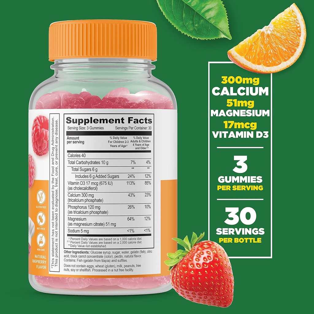 Lifeable Calcium Magnesium Kids + Prebiotic Fiber Kids, Gummies Bundle - Great Tasting, Vitamin Supplement, Gluten Free, GMO Free, Chewable Gummy 3