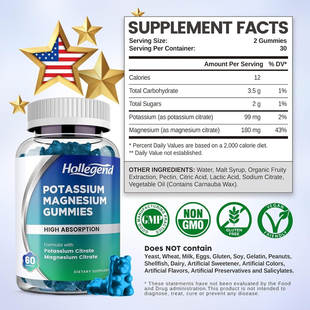 Potassium Magnesium Gummies, High Absorption Potassium Citrate 99mg Magnesium Citrate 180mg, Chewable Gummy Supplements for Leg Cramps & Muscle, 120 Count 5
