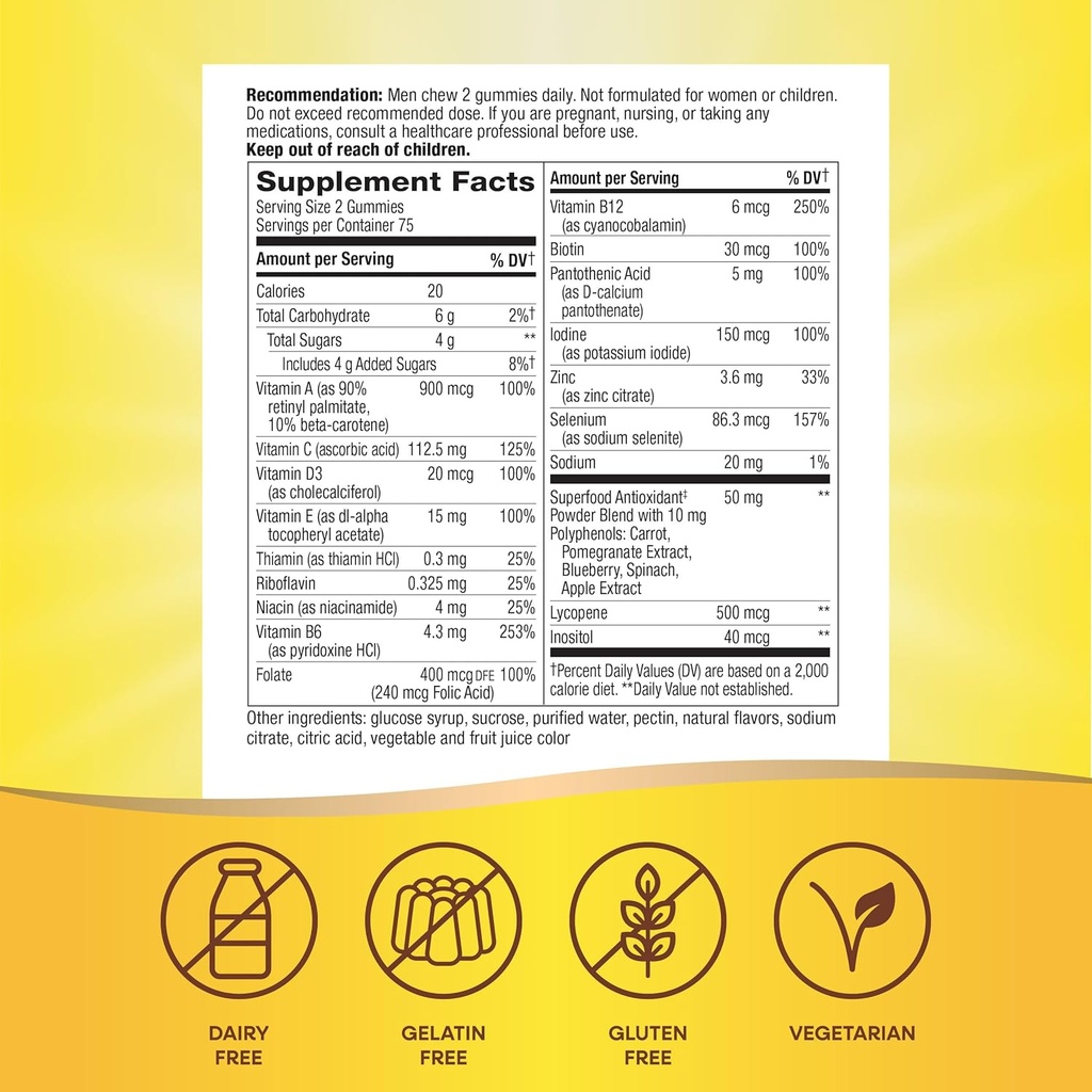 Nature's Way Alive! Men's Multivitamin Gummies, Supports Energy Metabolism*, Muscle Function*, Superfood Antioxidants(1), B-Vitamins, Vegetarian, Fruit Flavored, 150 Gummies (Packaging May Vary) 6