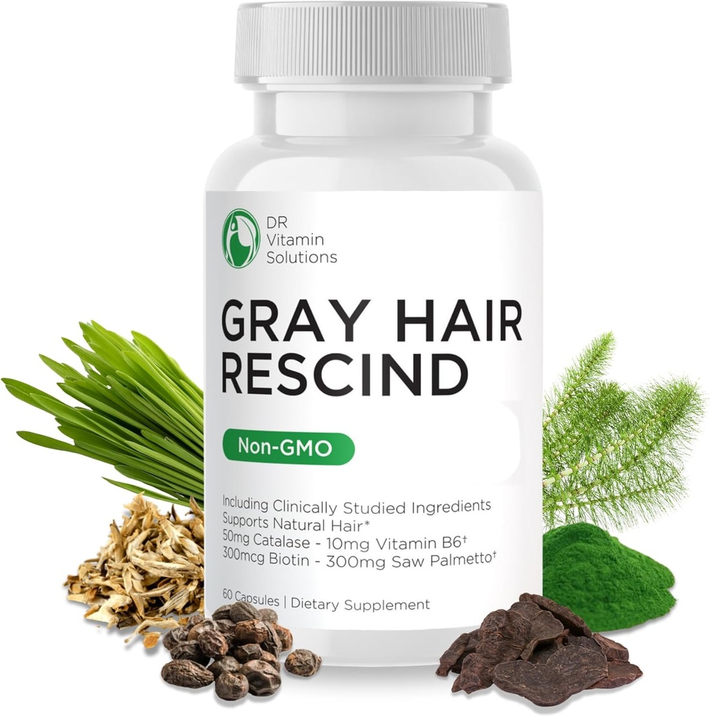 DR Vitamin Solutions Gray Hair Rescind with Catalase - Antiaging Hair, Skin and Nails Vitamins, Pantothenic Acid, Folic Acid 400mcg, Biotin 300mcg, Saw Palmetto for Men and Women 2