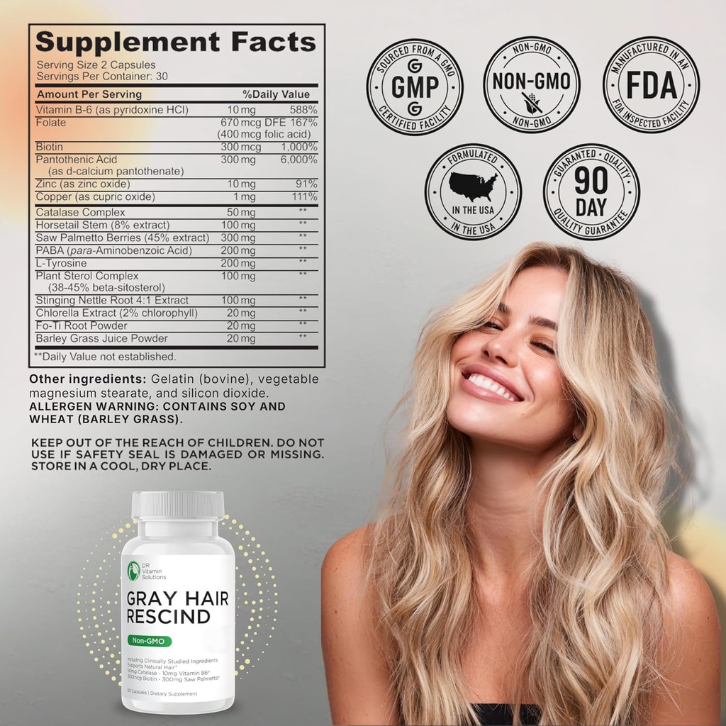 DR Vitamin Solutions Gray Hair Rescind with Catalase - Antiaging Hair, Skin and Nails Vitamins, Pantothenic Acid, Folic Acid 400mcg, Biotin 300mcg, Saw Palmetto for Men and Women 3