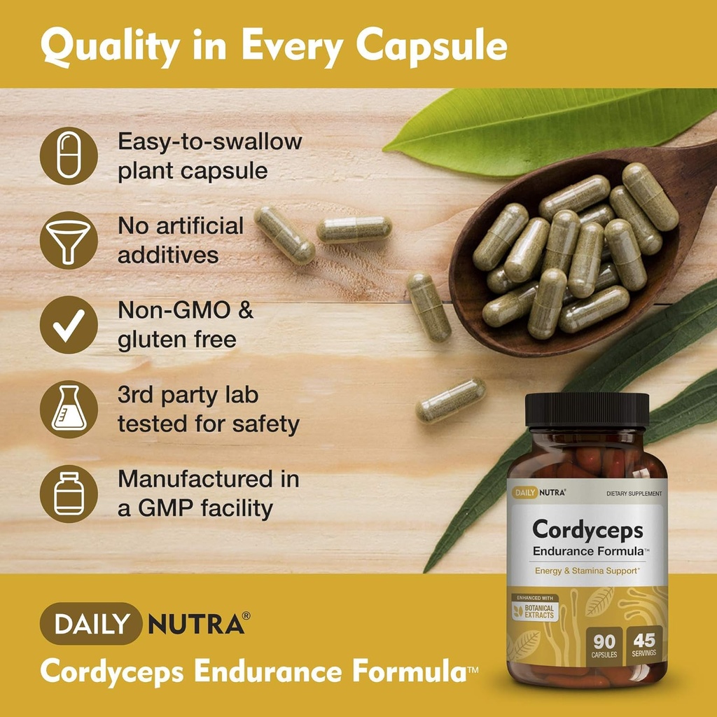 Cordyceps Endurance Formula Natural Energy Supplement - Caffeine Free | Organic Mushroom Extract with KSM-66 Ashwagandha, Eleuthero & Rhodiola (90 Capsules) 5