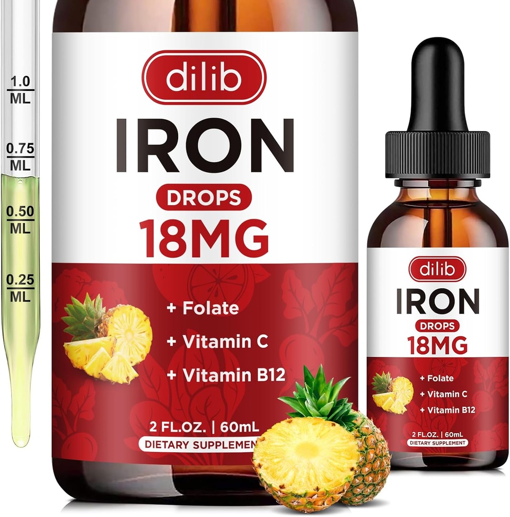 Supplément en fer liquide pour les femmes et les hommes Suppléments en fer pour l'anémie avec folate, vitamine C, B12 pour le soutien des cellules du sang rouge-Pineapple Flavor, 2 Fl Oz