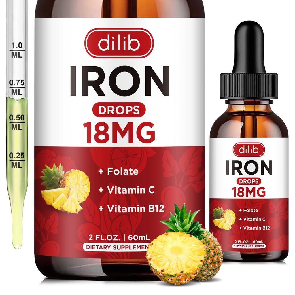 Supplément en fer liquide pour les femmes et les hommes Suppléments en fer pour l'anémie avec folate, vitamine C, B12 pour le soutien des cellules du sang rouge-Pineapple Flavor, 2 Fl Oz