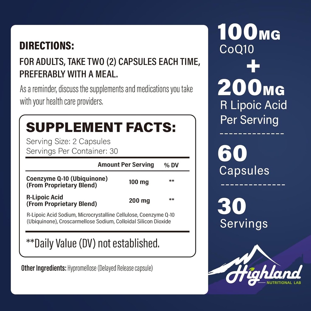CoQ10 100mg + R-acide lipoïque 200mg par portion, 1 mois d'approvisionnement, jusqu'à 5X Absorption améliorée, R-acide lipoïque / CoQ10 Supplément pour la santé cardiaque et la santé cognitive-60 Capsules