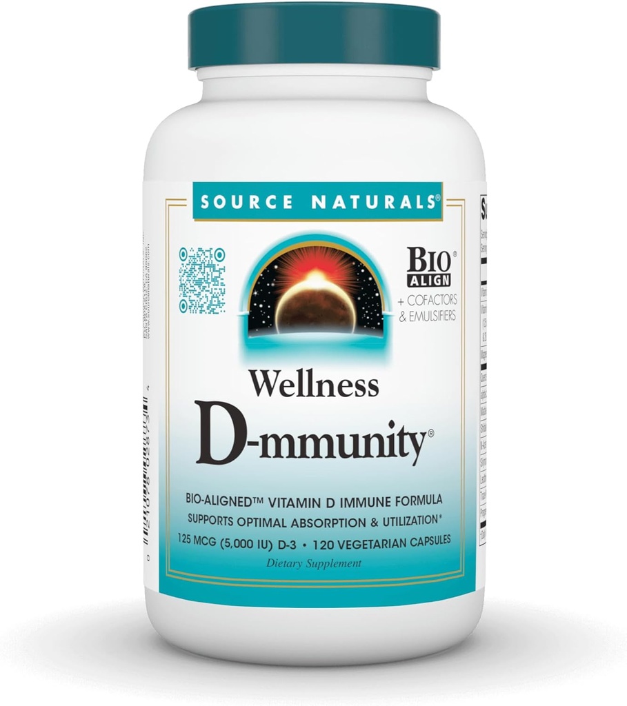 Source Naturals Wellness D-munity, formule d'immuno-vitamine D bioalignée, soutient l'absorption optimale et l'utilisation* - 120 Capsules végétariennes