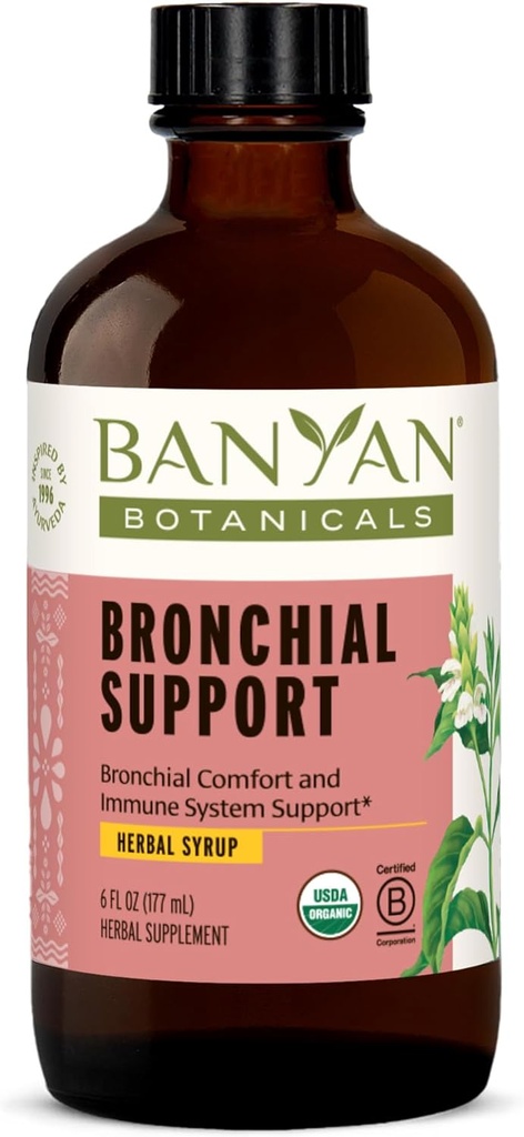 Banyan Botanicals Bronchial Support – Sirop biologique à base de plantes pour enfants et adultes – Formule de soutien respiratoire apaisant avec réglisse et racine de gingembre* – 6oz. – Végétarien non-OGM à source durable