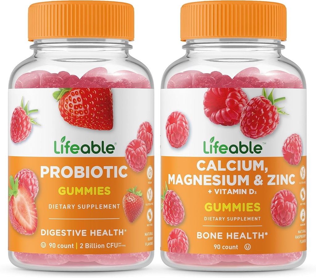 Probiotique à vie 2 milliards CFU + Calcium, Magnésium, zinc et vitamine D, Gummies Bundle - Grande dégustation, supplément de vitamine, sans gluten, sans OGM, gummy à croquer