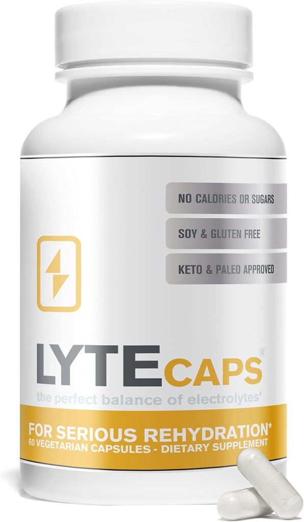 Capsules électrolytiques LyteLine - 60 Capsules végétariennes pour la réhydratation grave, les crampes, la déshydratation - Magnésium, Potassium, Sodium, Zinc - Sans gluten, Laiterie, Noix