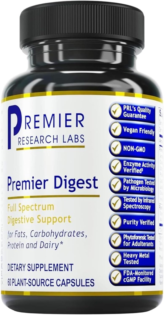 Premier Laboratoires de recherche Enzymes digestifs actifs avec probiotiques et prébiotiques - Promotion d'un soutien digestif complet - avec Amylase, Protease & Lipase, 60 Capsules d'origine végétale