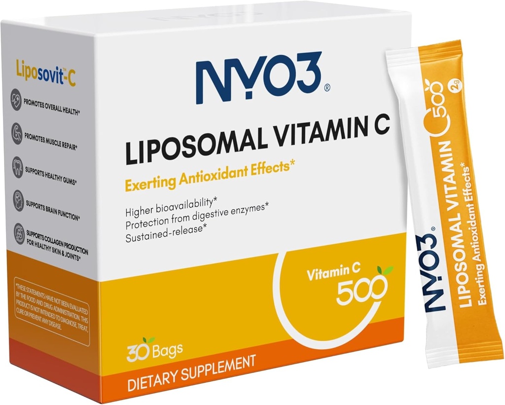 NYO3 Poudre de vitamine C liposomique, soutient le système immunitaire et le collagène booster, puissant antioxydant, améliorer la santé de la peau, sans gluten, haute absorption vitamine C, 500mg, 30 Compte