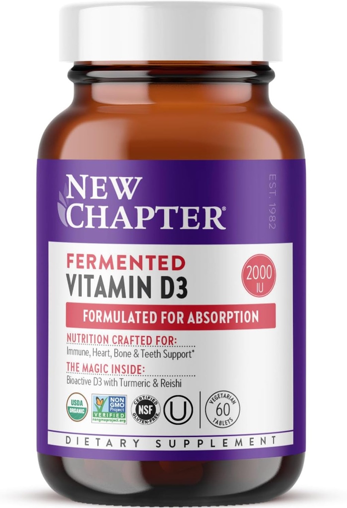 Nouveau chapitre Vitamine fermentée D3 2 000 UI, biologique, ONE par jour pour l'immuno-support, le coeur et les os + Turcuma alimentaire, champignons Reishi adaptogènes, 100% végétarien, sans gluten, 60 Compte