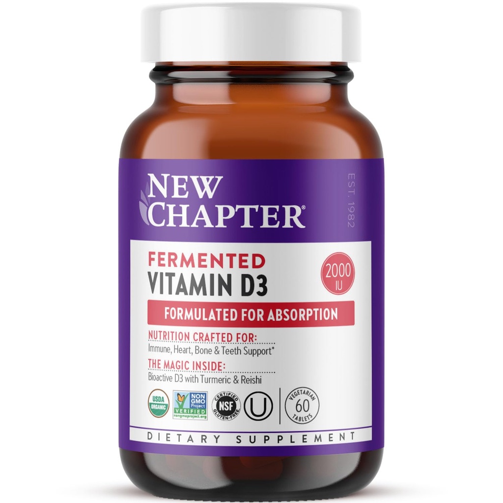 Nouveau chapitre Vitamine fermentée D3 2 000 UI, biologique, ONE par jour pour l'immuno-support, le coeur et les os + Turcuma alimentaire, champignons Reishi adaptogènes, 100% végétarien, sans gluten, 60 Compte