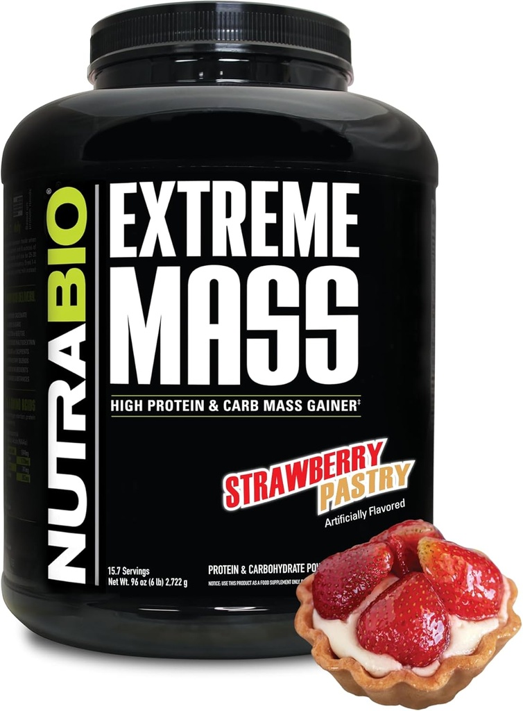 NutraBio Extreme Mass Gainer Protéines Poudre, Protéines 53G, Gaineur de poids propre, Augmenter la masse musculaire, Acide amino à spectre complet - Pâtisserie fraise, 6 livres