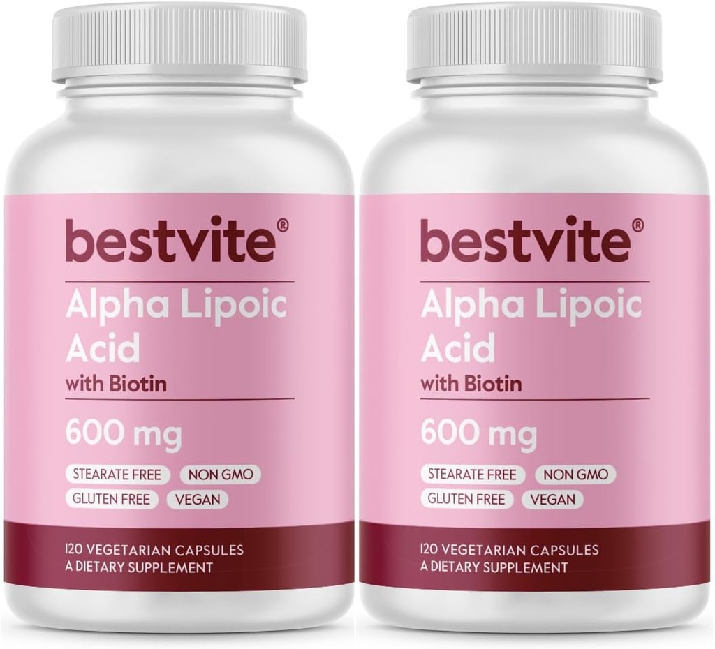 Acide alpha lipoïque 600 mg (par gélule) avec Biotine pour améliorer l'absorption (240 capsules végétariennes) (2 x 120) Pas de remplissage - Pas de stéarate - Pas d'agents de débit