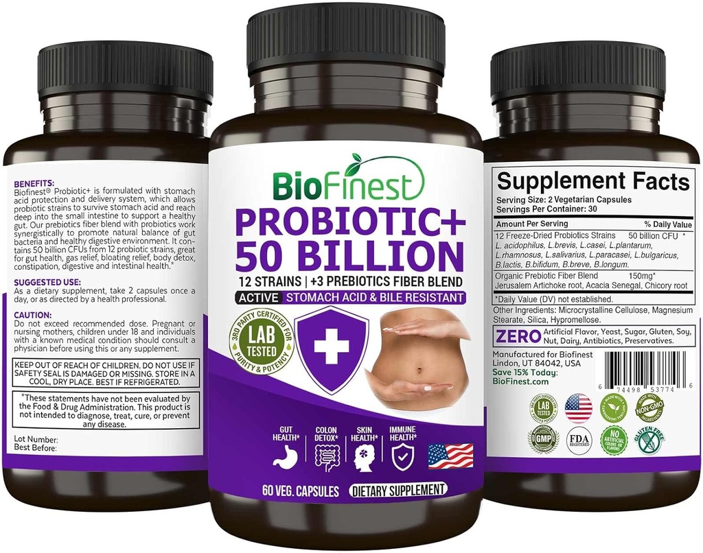 BioFinest Probiotique Supplément enzymatique CFU 50 Million - 12 Probiotiques Fraises avec 3 Prébiotiques naturels - Gut Digestion Detox Gas Bloating Constipation - Acidophilus pour hommes Femmes (60 Veg. caps)
