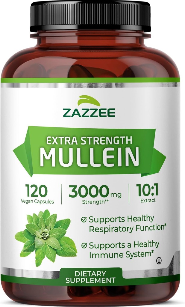 Zazzee Extra Strength Mullein 10:1 Extrait, 3000 mg Strength, 120 Capsules Vegan, 4 mois d'approvisionnement, Extrait 10X normalisé, 100% poudre de feuille pure, tout naturel et non OGM, fabriqués aux États-Unis