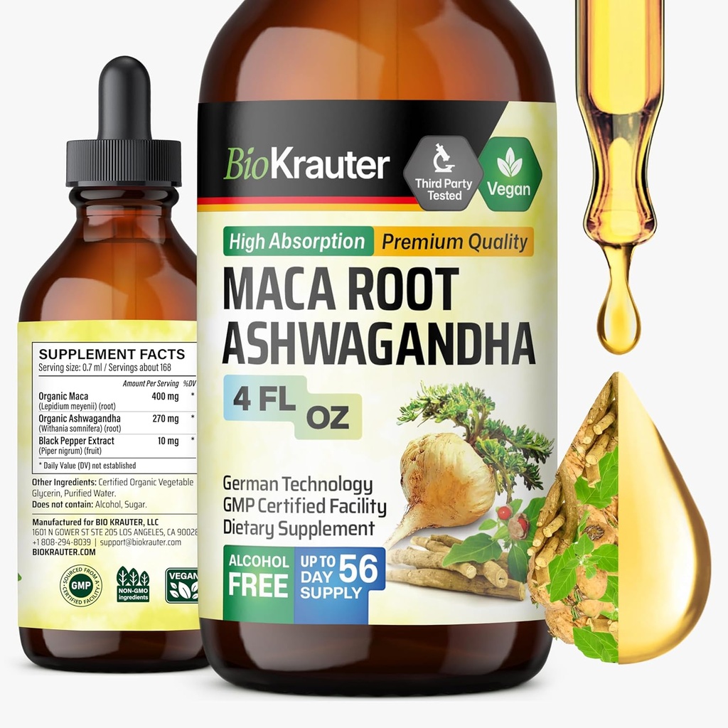 BIO KRAUTER Maca Root and Ashwagandha Teinture - Suppléments Maca & Ashwagandha pour les hommes et les femmes - Supplément liquide adaptogène pour le soutien de l'humeur - Sans alcool et sans sucre Vegan gouttes 4 Fl.Oz.