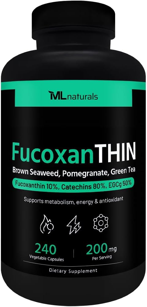 ML Naturals Fucoxanthin 240 Capsules végétales. Fucoxanthin 10% 200 mg par portion, soutient le métabolisme et l'antioxydant, certifié NSF et conforme aux GMPc