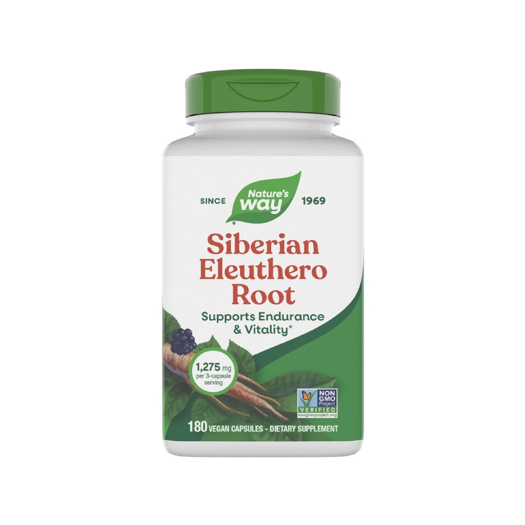 Nature's Way Premium Herbal Siberian Eleuthero Root Supplement, soutient l'endurance et la vitalité*, Adaptogen*, 1,275mg par service à 3 capsules, projet non-OGM vérifié, 180 capsules (paquetage May Vary)