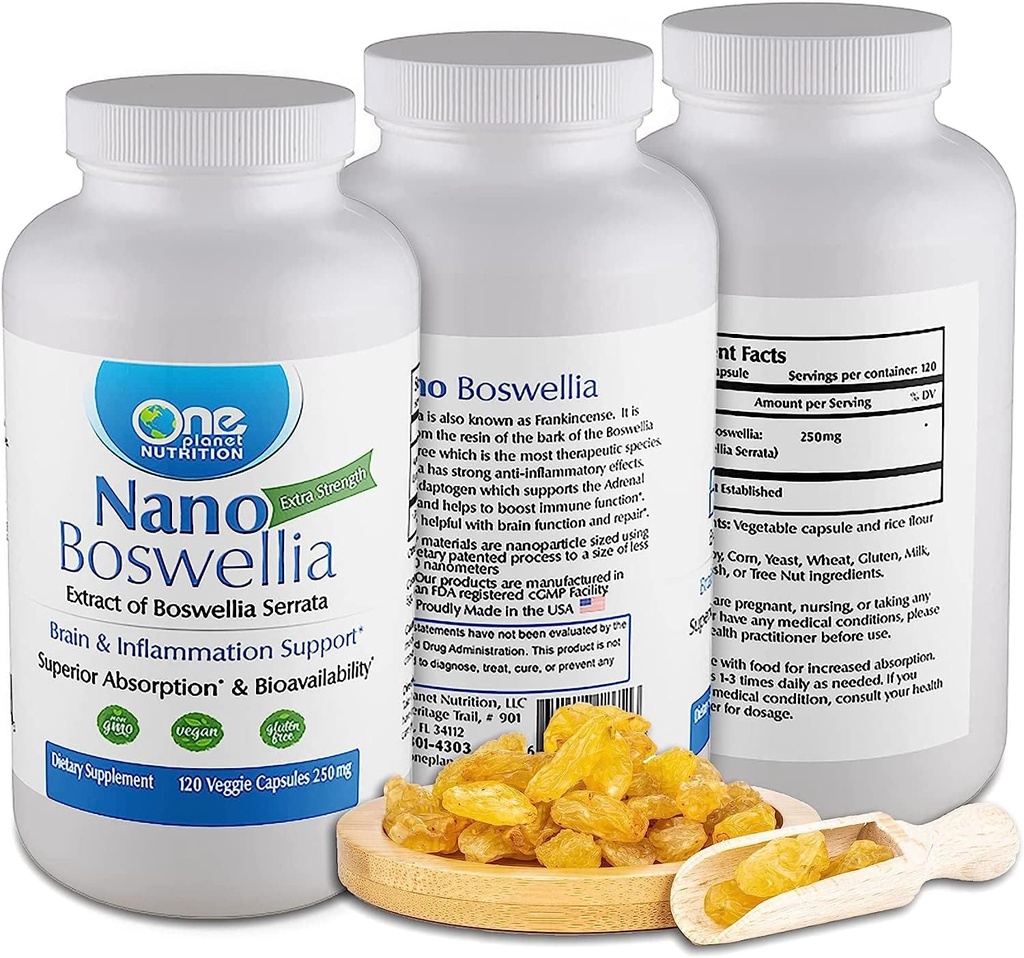 One Planet Nutrition Nano Boswellia 250 mg Capsules de légumes (120 portions), Boswellia serrata Resin, soutient la fonction cognitive pour la santé du cerveau, non-OGM, végétalien, sans gluten