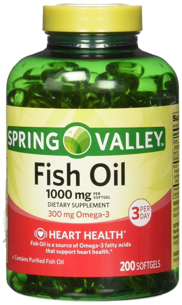 Spring Valley Toutes les huiles de poisson naturelles Santé cardiaque 1000 Mg/300 Mg Omega-3 200 Gel doux